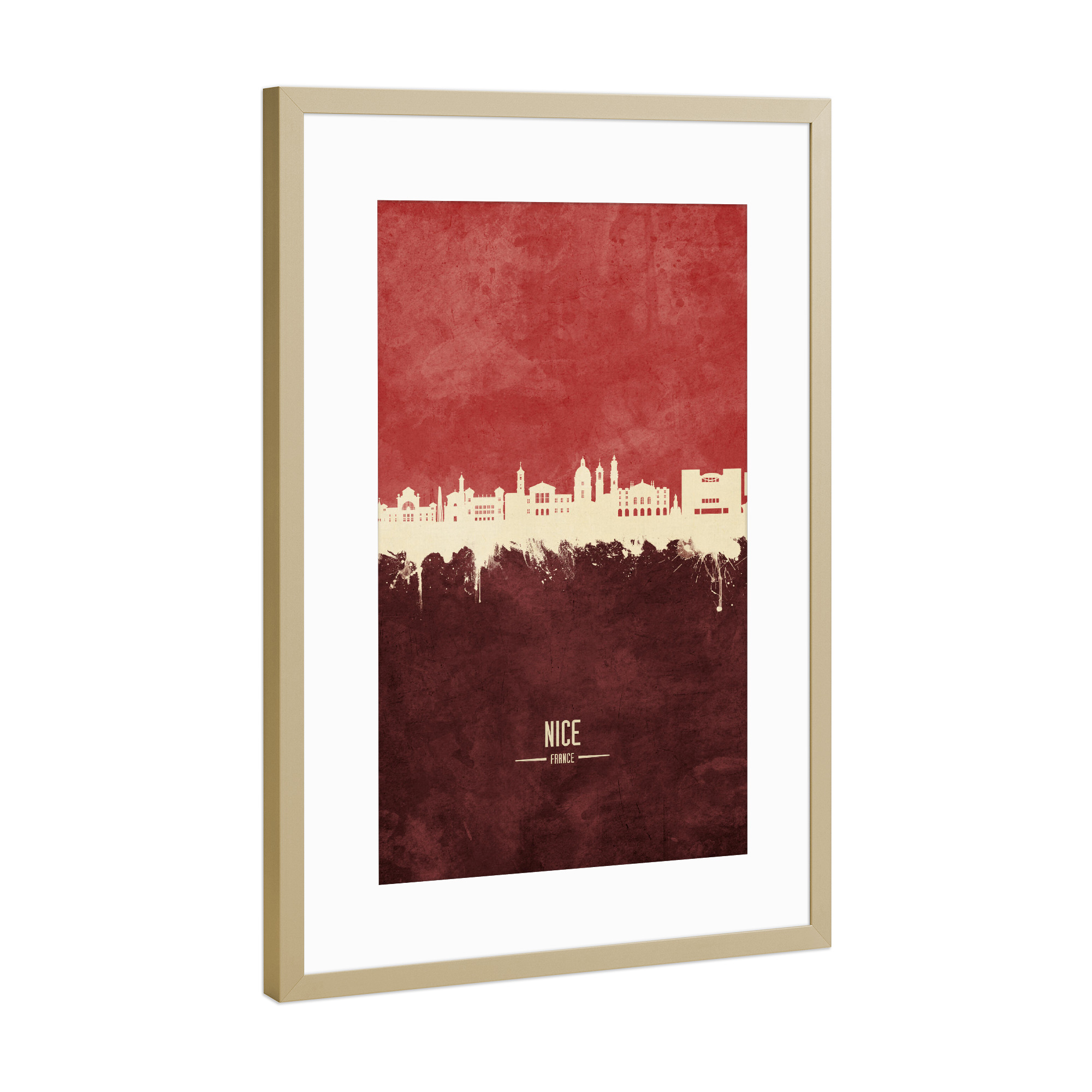 Poster mit Rahmen Gold "Nice France Skyline Dark Red" artboxONE - Städte - Nice,France,Skyline,Cityscape,Stadtbild,Watercolor,City,Stadt,Frankreich