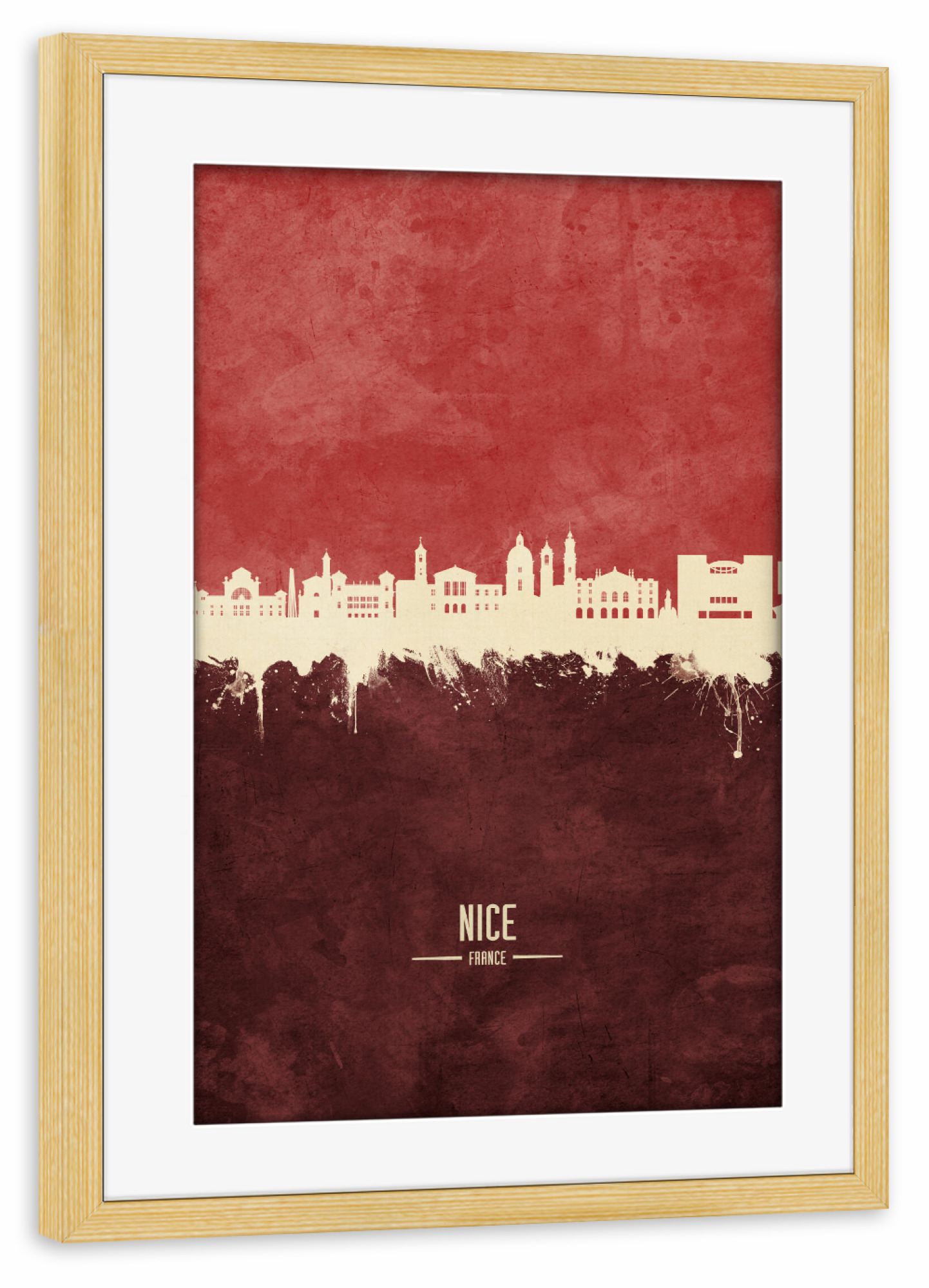 Poster mit Rahmen kiefer "Nice France Skyline Dark Red" artboxONE - Städte - Nice,France,Skyline,Cityscape,Stadtbild,Watercolor,City,Stadt,Frankreich