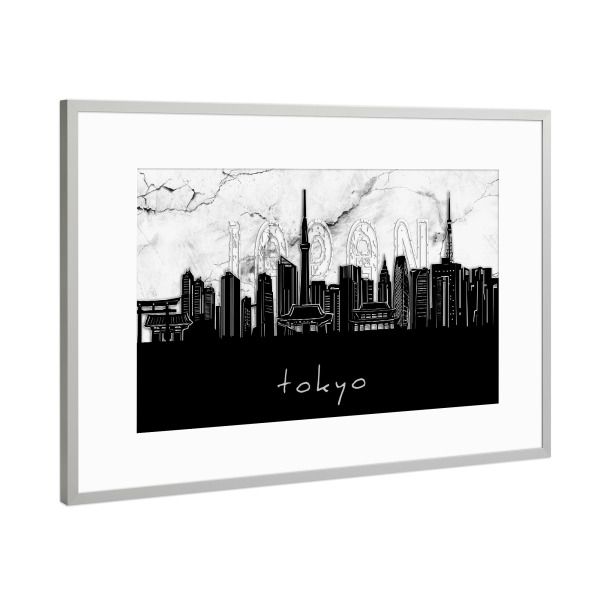 Poster mit Rahmen Silber "Tokyo skyline marble" artboxONE - Städte,Reise,Architektur,Städte / Tokio,Marmor