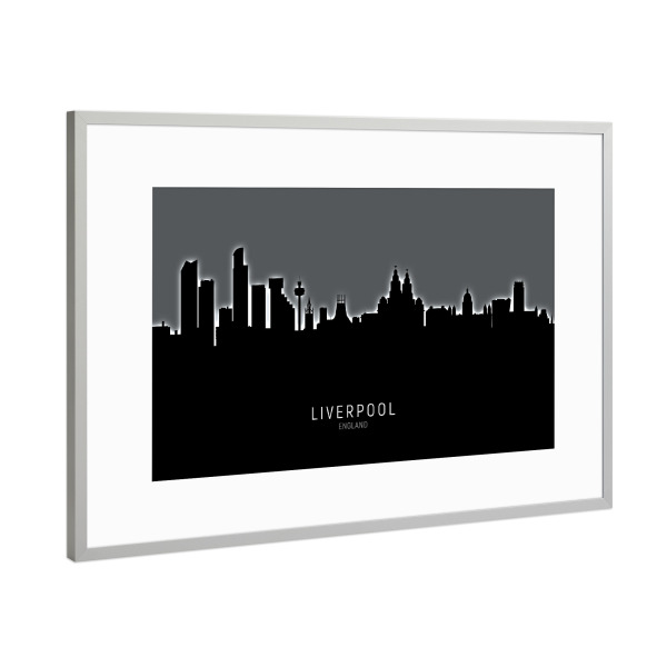 Poster mit Rahmen Silber "Liverpool Skyline Glow White" artboxONE - Städte