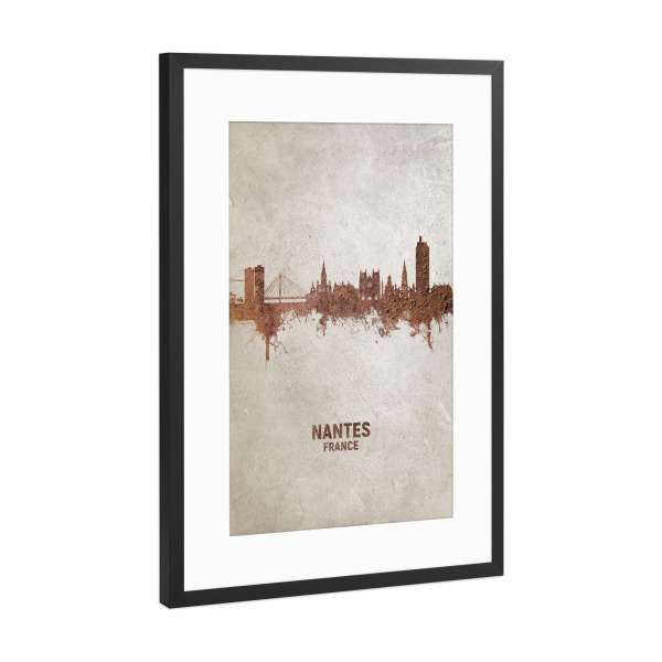 Poster mit Rahmen Schwarz (Metallic) "Nantes France Skyline Rust" artboxONE - Städte