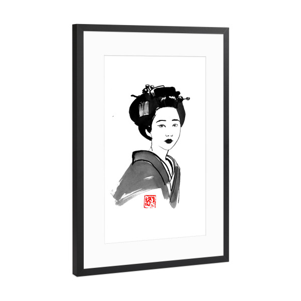 Poster mit Rahmen Schwarz (Metallic) "Geisha ready to go" artboxONE - Menschen - Geisha,Edo,Japan,Sumie,Frau,Woman,Female,Schwarzweiß,Blackandwhite