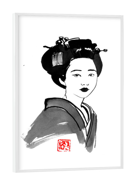 Poster mit weißem Rahmen "Geisha ready to go" artboxONE - Menschen - Geisha,Edo,Japan,Sumie,Frau,Woman,Female,Schwarzweiß,Blackandwhite