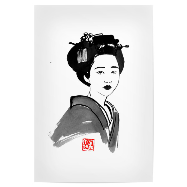 Poster "Geisha ready to go" artboxONE - Menschen - Geisha,Edo,Japan,Sumie,Frau,Woman,Female,Schwarzweiß,Blackandwhite
