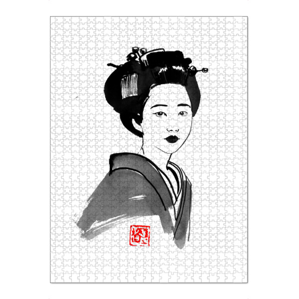 Puzzle Ravensburger "Geisha ready to go" artboxONE - Menschen - Geisha,Edo,Japan,Sumie,Frau,Woman,Female,Schwarzweiß,Blackandwhite - Bild geisha
