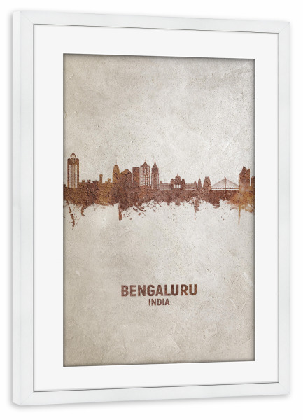 Poster mit Rahmen weiß "Bengaluru Skyline Rust" artboxONE - Städte - Bengaluru,India,Skyline,Cityscape,Stadtbild,Watercolor,City,Stadt,Indien,Beige