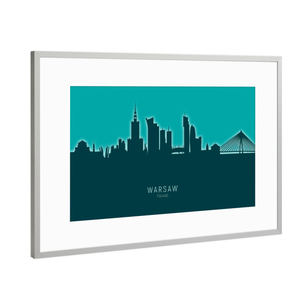 Poster mit Rahmen Silber "Warsaw Poland Skyline Glow Teal" artboxONE - Städte