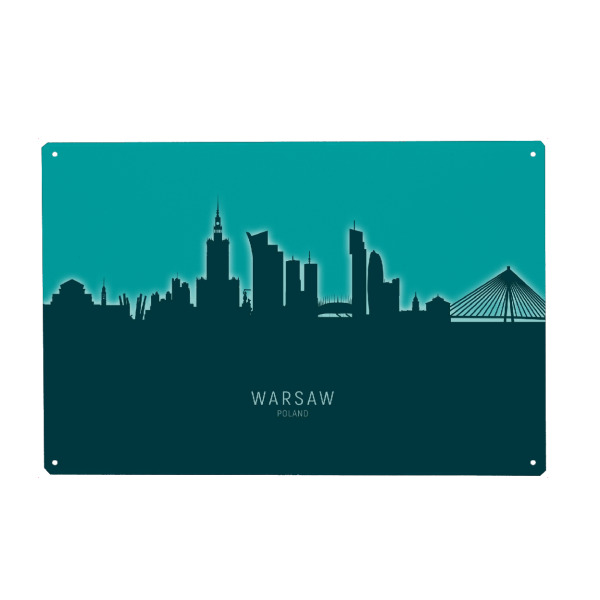 Holzbild "Warsaw Poland Skyline Glow Teal" artboxONE - Städte
