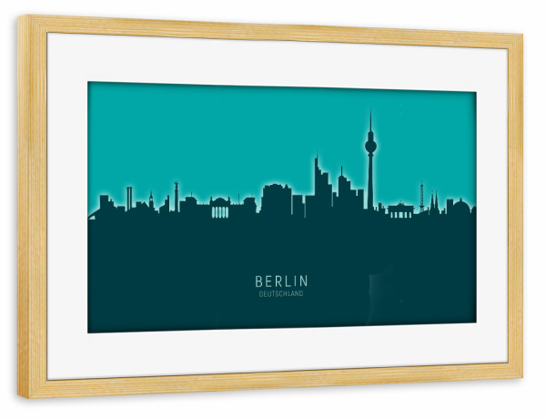 Poster mit Rahmen kiefer "Berlin Germany Skyline Glow Teal" artboxONE - Städte,Städte / Berlin