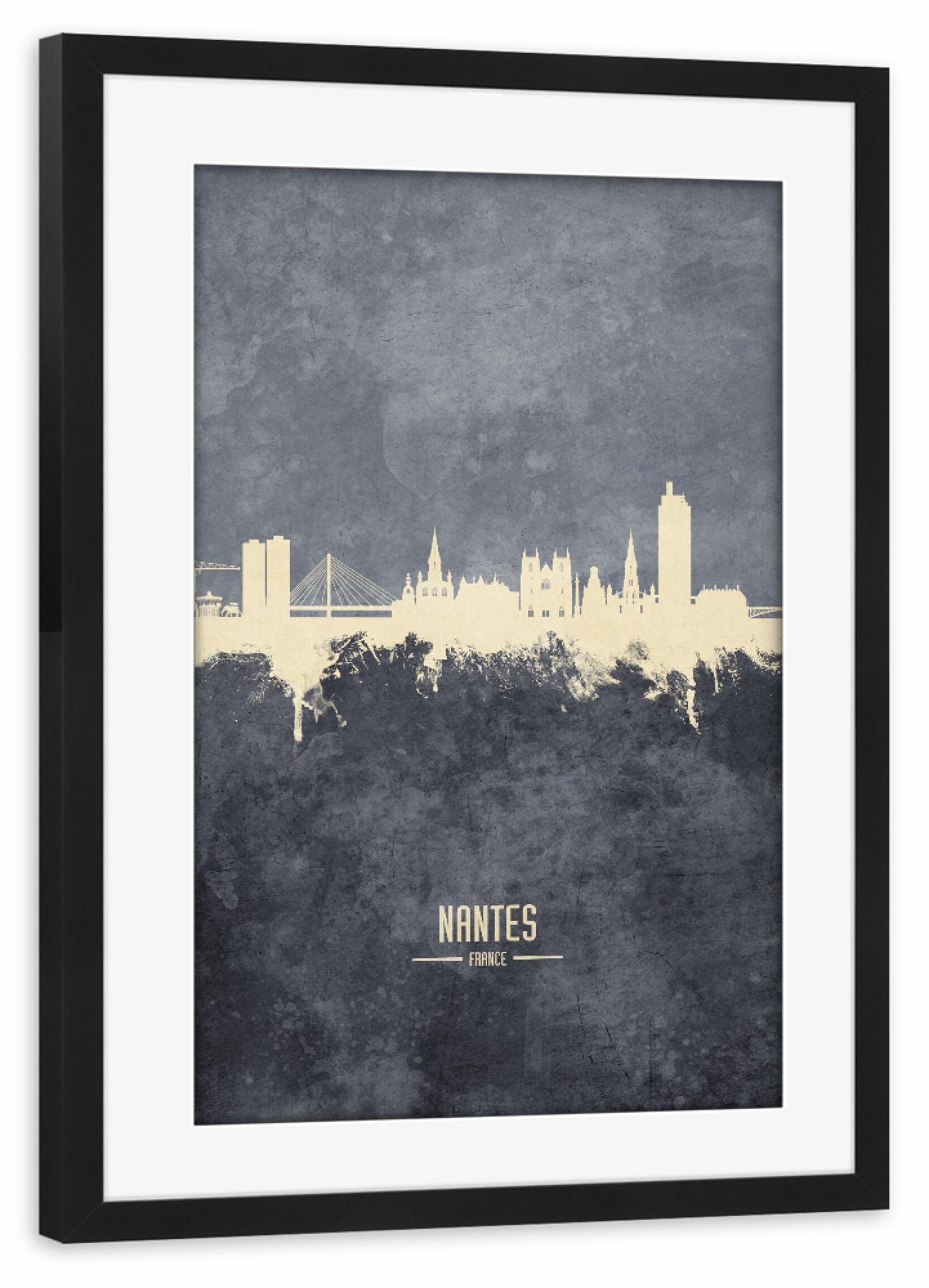 Poster mit Rahmen schwarz "Nantes France Skyline Grey" artboxONE - Städte