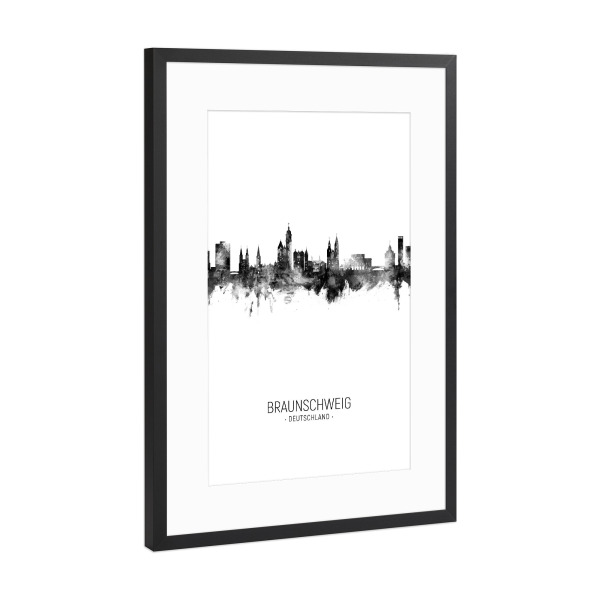 Poster mit Rahmen Schwarz (Metallic) "Braunschweig Germany Skyline BW" artboxONE - Städte