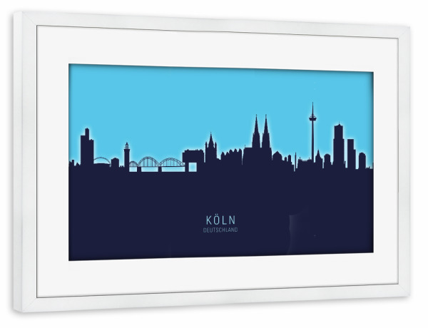 Poster mit Rahmen weiß "Cologne Germany Skyline Glow Blue" artboxONE - Städte,Städte / Köln