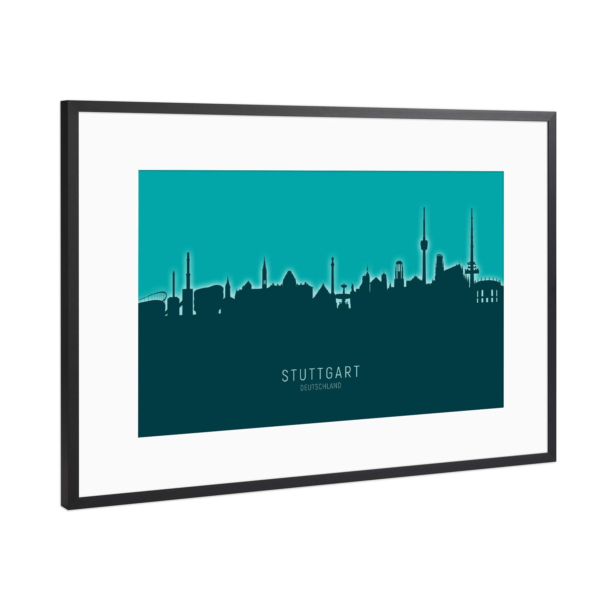 Poster mit Rahmen Schwarz (Metallic) "Stuttgart Skyline Glow Teal" artboxONE - Städte,Städte / Stuttgart