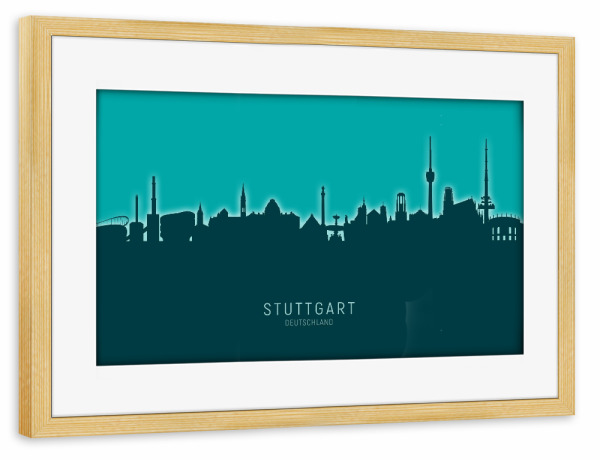 Poster mit Rahmen kiefer "Stuttgart Skyline Glow Teal" artboxONE - Städte,Städte / Stuttgart