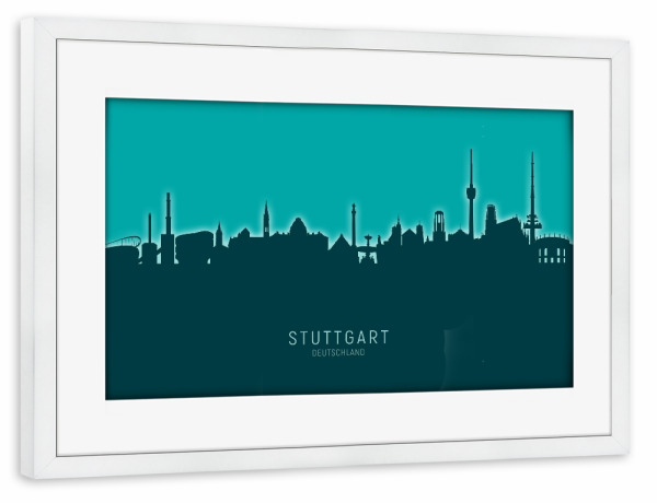 Poster mit Rahmen weiß "Stuttgart Skyline Glow Teal" artboxONE - Städte,Städte / Stuttgart