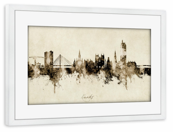 Poster mit Rahmen weiß "Nantes France Skyline Sepia" artboxONE - Städte