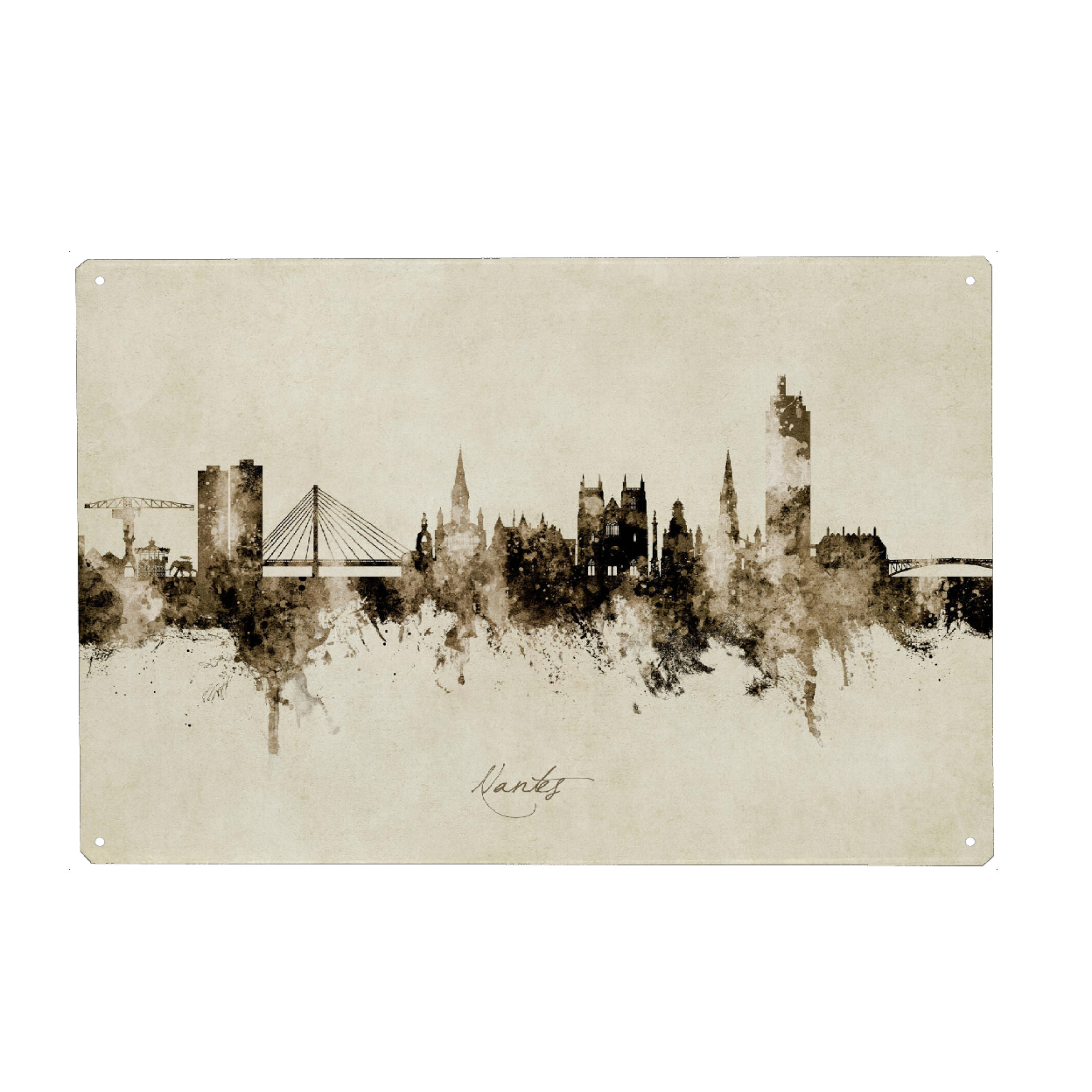 Metall Poster "Nantes France Skyline Sepia" artboxONE - Städte - Nantes,France,Skyline,Cityscape,Stadtbild,Watercolor,City,Stadt,Frankreich,Beige