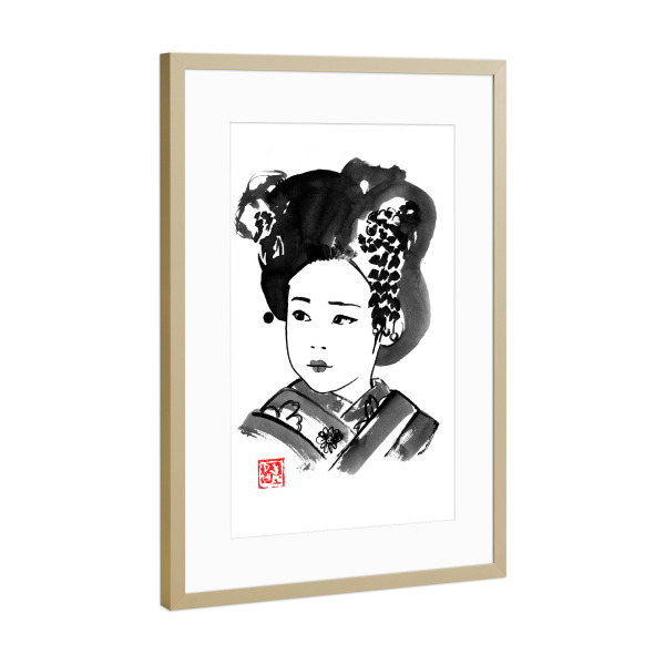 Poster mit Rahmen Gold "Little girl in edo" artboxONE - Menschen - Geisha,Kimono,Girl,Edo,Japan,Sumie,Woman,Female,Zen,Culture