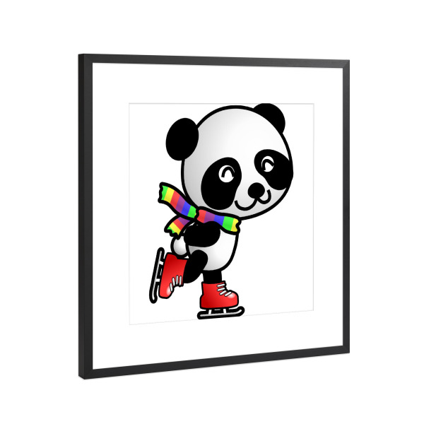 Poster mit Rahmen Schwarz (Metallic) "Panda fährt Schlittschuh" artboxONE - Für Kinder,Tiere,Lustig