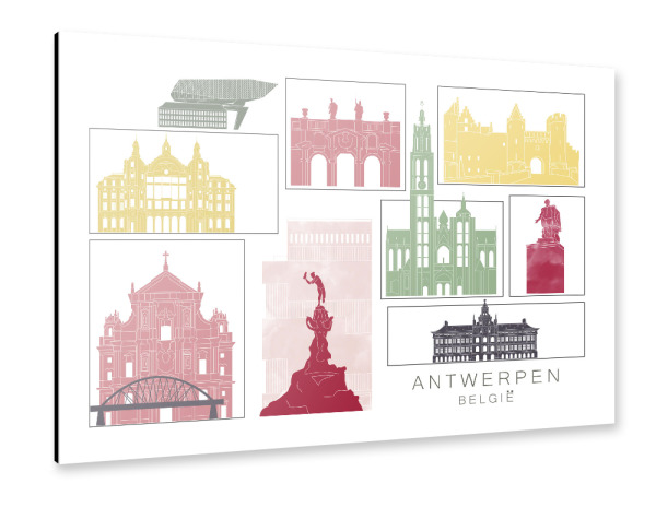 Alu-Dibond "Antwerp skyline burgundy" 30x20 cm artboxONE