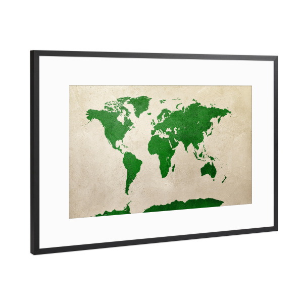 Poster mit Rahmen Schwarz (Metallic) "World Map Green Beige" artboxONE - Reise,Kartografie