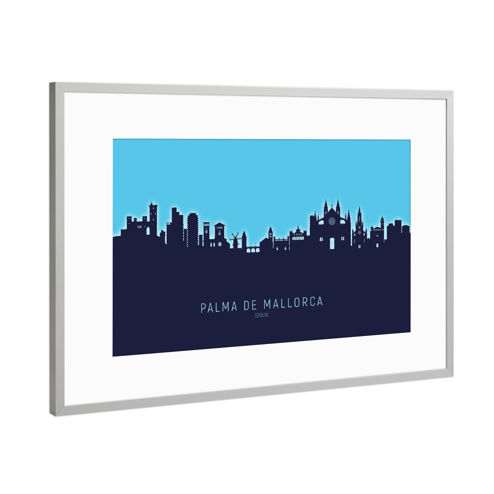 Poster mit Rahmen Silber "Palma de Mallorca Skyline GlowBlue" artboxONE - Städte