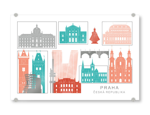 Acrylglasbild "Prague skyline coral" artboxONE - Städte,Reise,Architektur,Städte / Prag,Kartografie