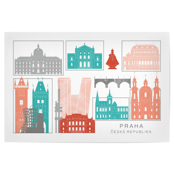 Poster 30x20 cm "Prague skyline coral" artboxONE - Städte,Reise,Architektur,Städte / Prag,Kartografie