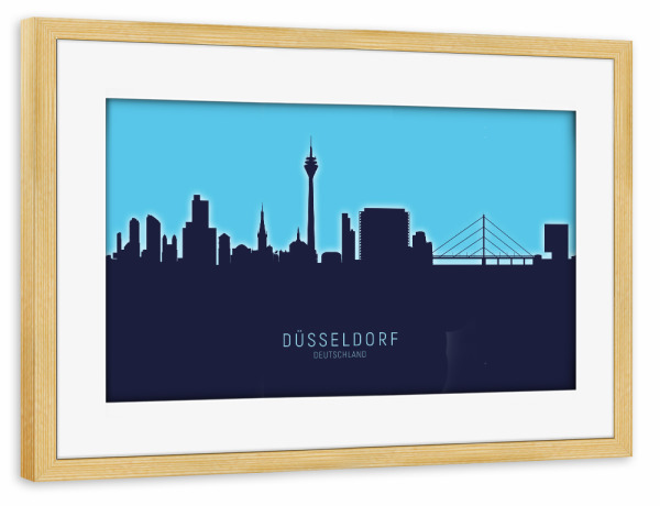 Poster mit Rahmen kiefer "Düsseldorf Skyline Glow Blue" artboxONE - Städte,Städte / Düsseldorf