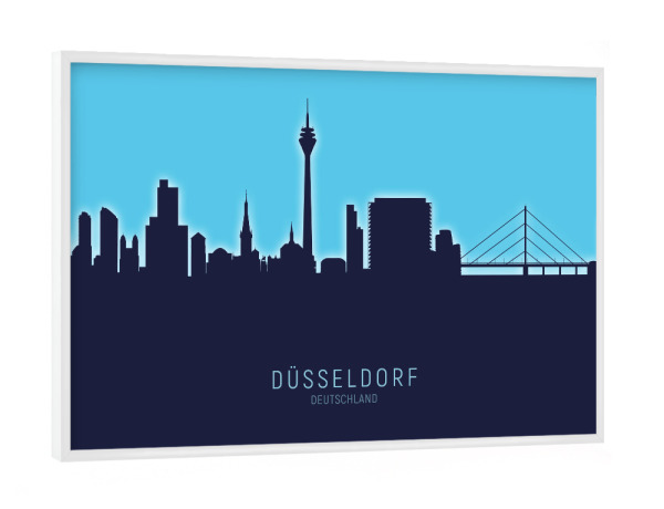 Poster mit weißem Rahmen "Düsseldorf Skyline Glow Blue" artboxONE - Städte,Städte / Düsseldorf
