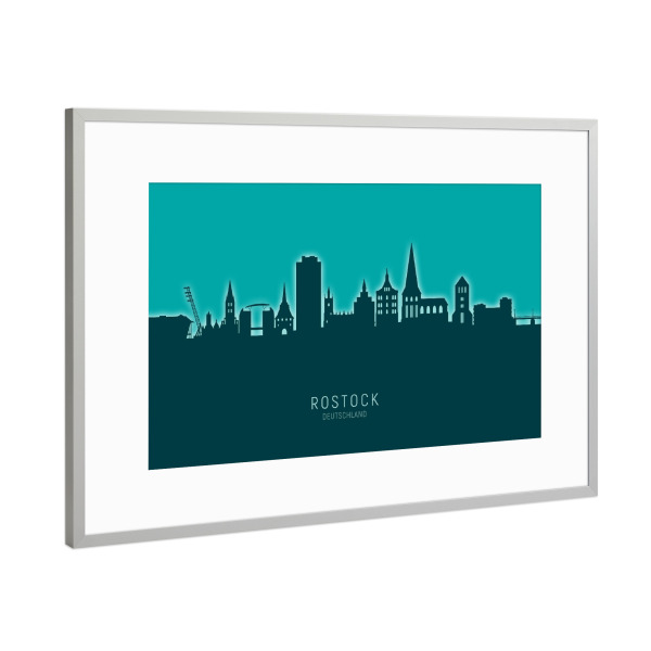 Poster mit Rahmen Silber "Rostock Germany Skyline Glow Teal" artboxONE - Städte