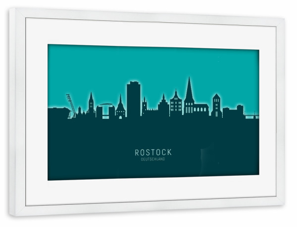 Poster mit Rahmen weiß "Rostock Germany Skyline Glow Teal" artboxONE - Städte
