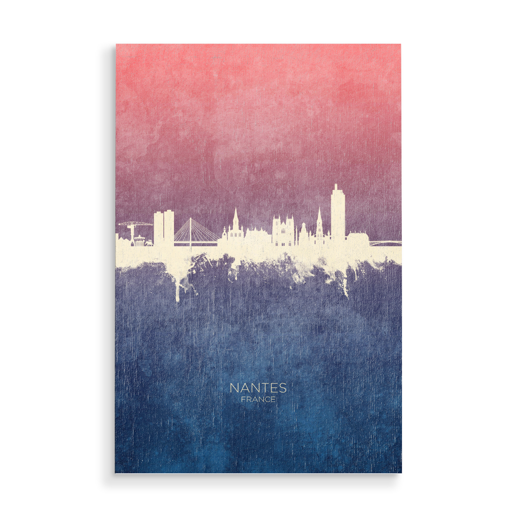 Holzbild "Nantes France Skyline BlueRose" artboxONE - Städte - Nantes,France,Skyline,Cityscape,Stadtbild,Watercolor,City,Stadt,Frankreich