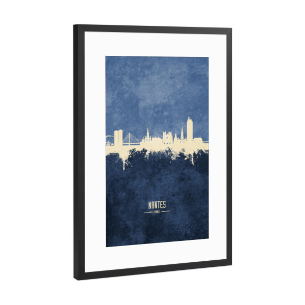Poster mit Rahmen Schwarz (Metallic) "Nantes France Skyline Navy" artboxONE - Städte