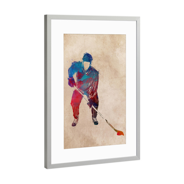 Poster mit Rahmen Silber "Hockey player" artboxONE - Sport - Sport,Active,Sports,Player,Team,Hockey,Hockey ice,Ice sport,Winter,Eishockey,Beige