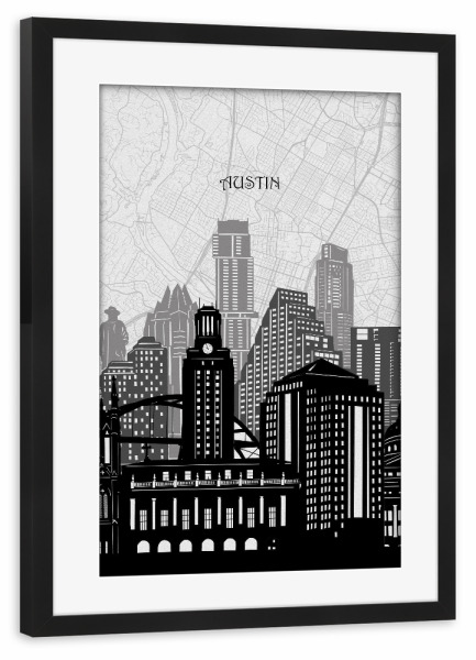 Poster mit Rahmen schwarz "Austin cityscape map" artboxONE - Städte,Reise,Architektur,Kartografie