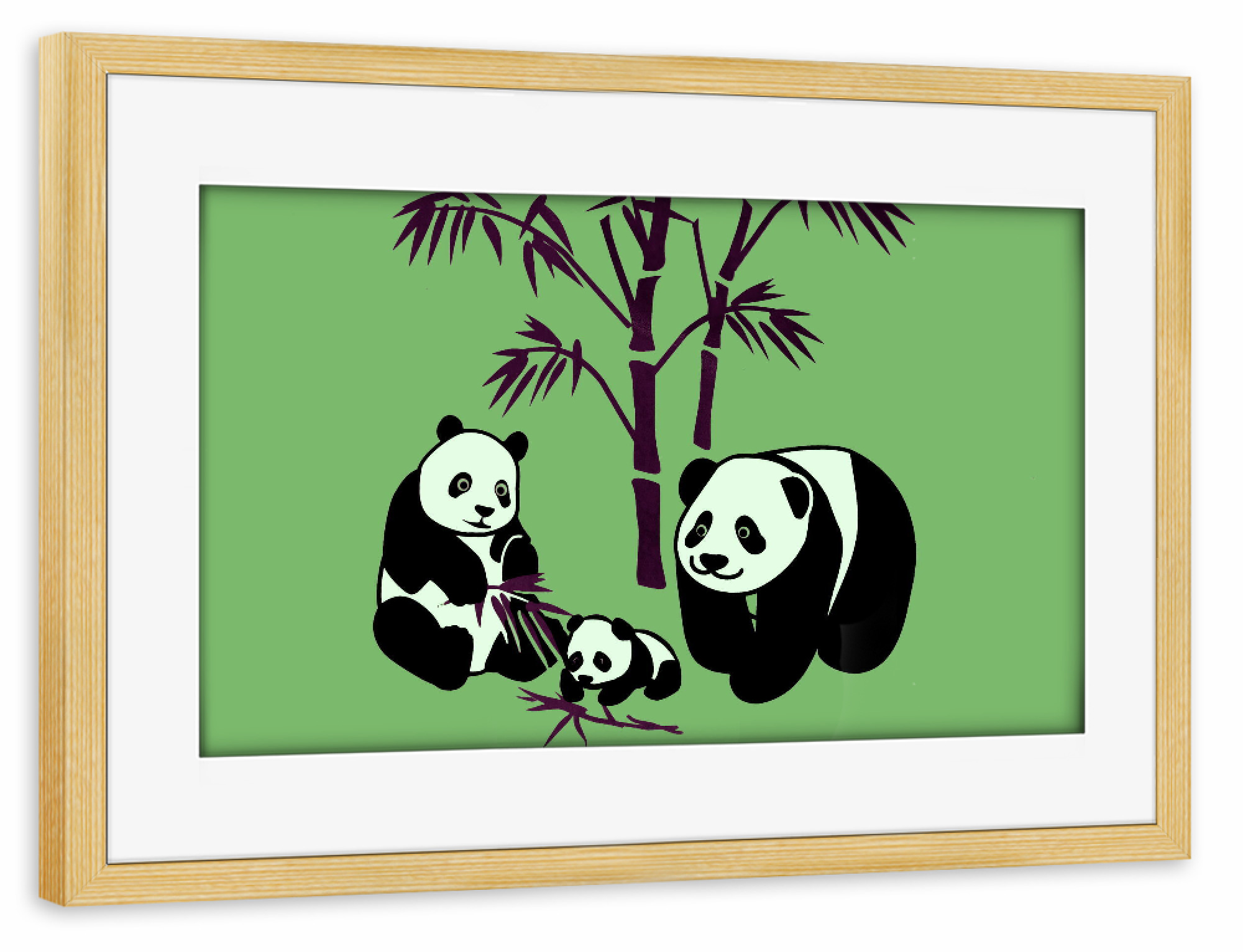 Poster mit Rahmen kiefer "Panda Familie grün" artboxONE - Natur,Für Kinder,Tiere,Lustig