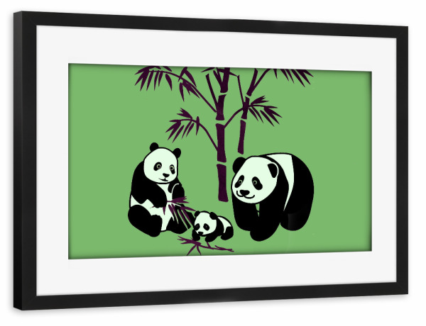 Poster mit Rahmen schwarz "Panda Familie grün" artboxONE - Natur,Für Kinder,Tiere,Lustig