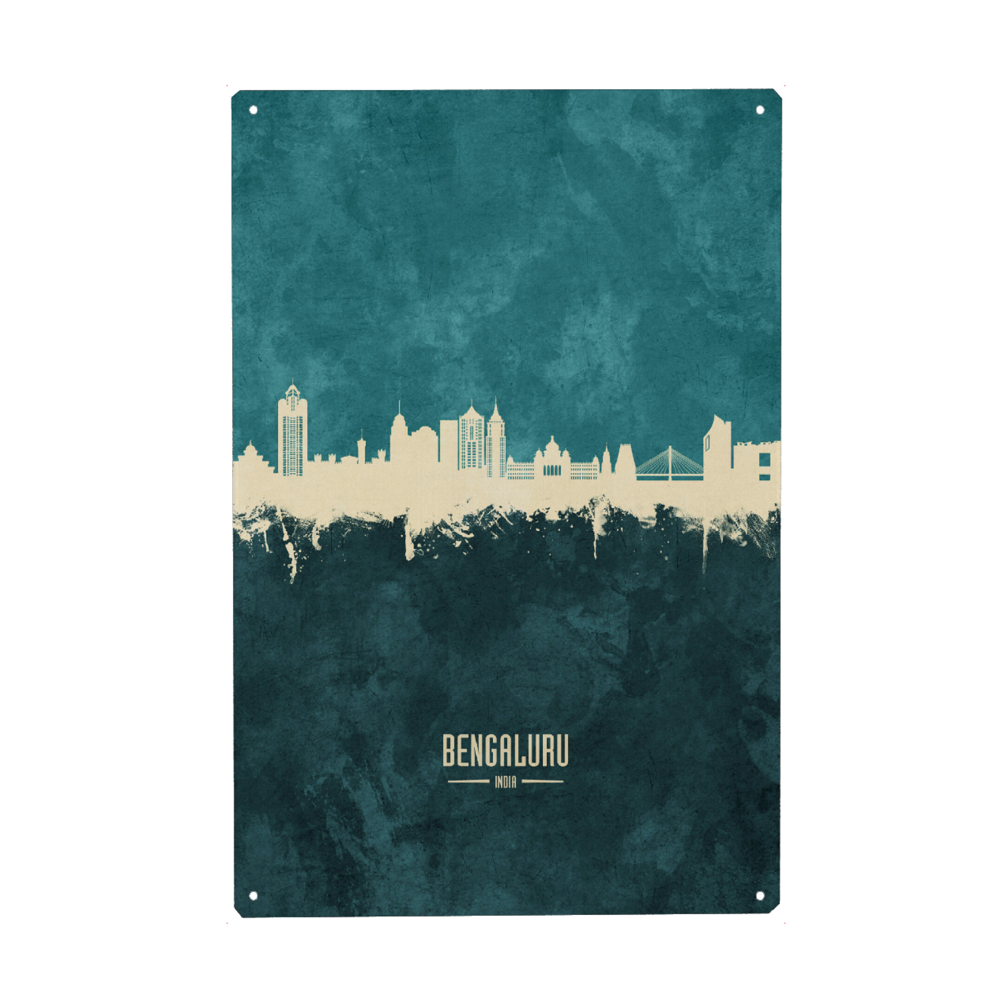 Holzbild "Bengaluru Skyline Turquoise" artboxONE - Städte - Bengaluru,India,Skyline,Cityscape,Stadtbild,Watercolor,City,Stadt,Indien,Blau,Beige