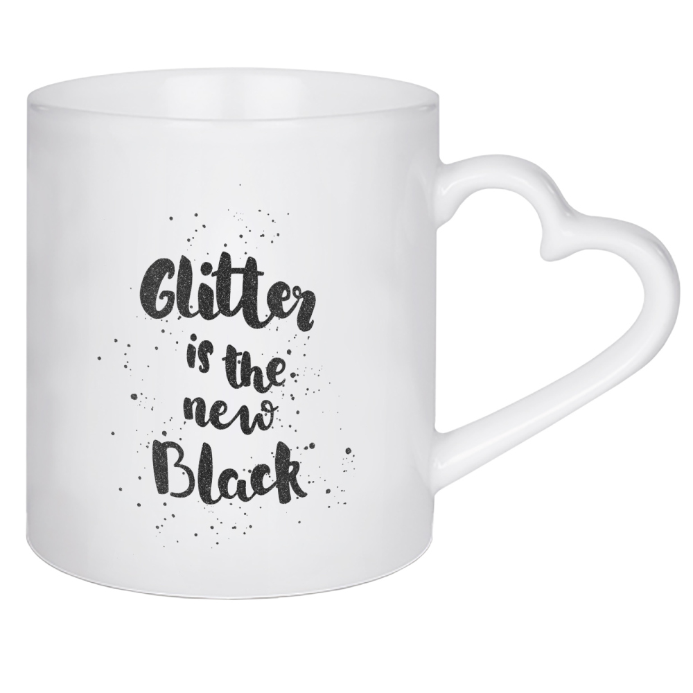 Herztasse "Glitter" artboxONE - Typografie,Schwarzweiß - Glitzer,Das neue schwarz,Typografie,Glitter,Handletterring,Englisch,Spruch,Zitat,Zitat
