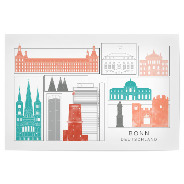 Poster 30x20 cm "Bonn skyline coral" artboxONE - Städte,Reise,Architektur,Kartografie