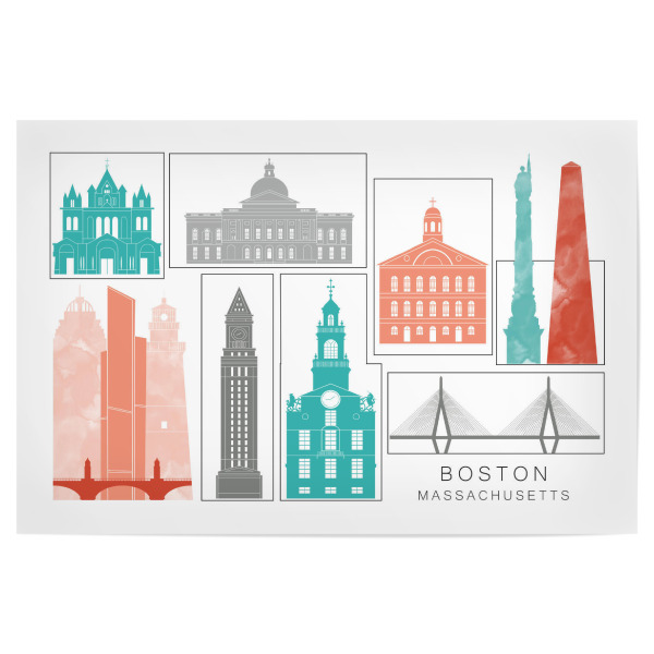Poster "Boston skyline coral" artboxONE - Städte,Reise,Architektur,Städte / Boston,Kartografie