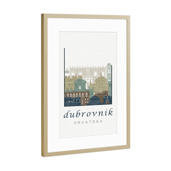 Poster mit Rahmen Gold "Dubrovnik skyline light blue" artboxONE - Städte,Architektur,Kartografie