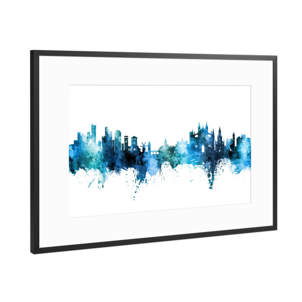 Poster mit Rahmen Schwarz (Metallic) "Palma de Mallorca Skyline Blue" artboxONE - Städte