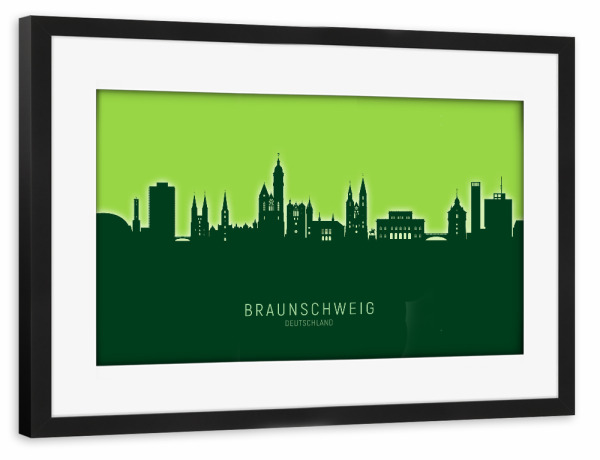 Poster mit Rahmen schwarz "Braunschweig Skyline Glow Green" artboxONE - Städte