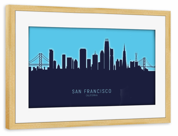 Poster mit Rahmen kiefer "San Francisco Skyline Glow Blue" artboxONE - Städte,Städte / San Francisco
