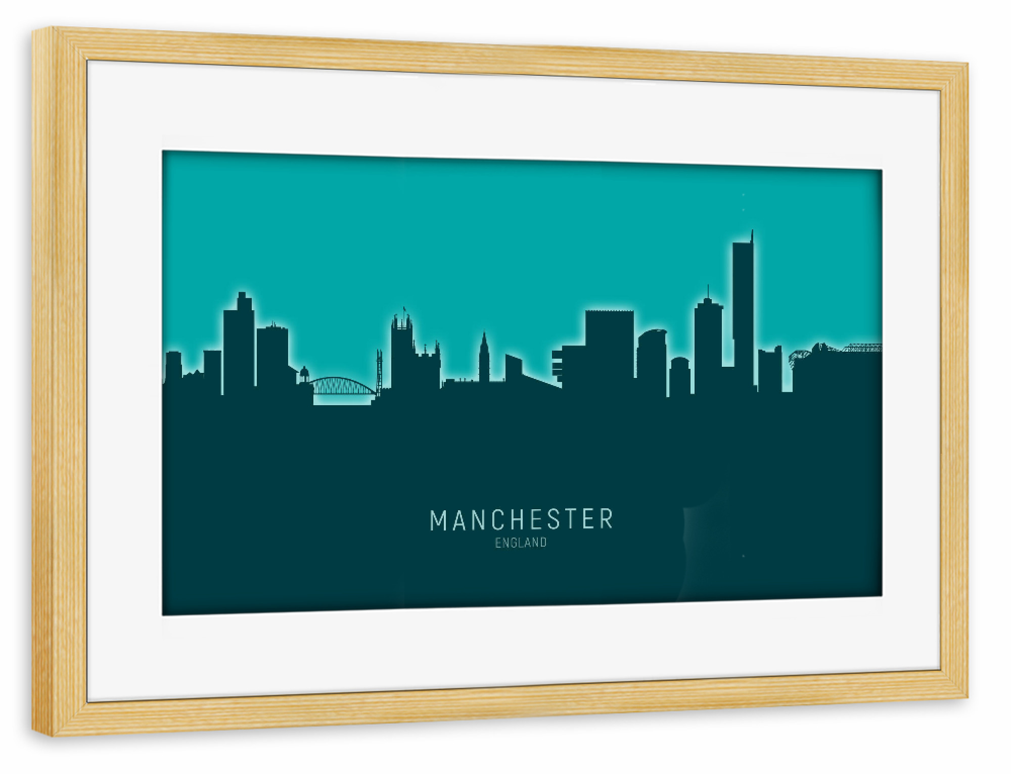 Poster mit Rahmen kiefer "Manchester Skyline Glow Teal" artboxONE - Städte