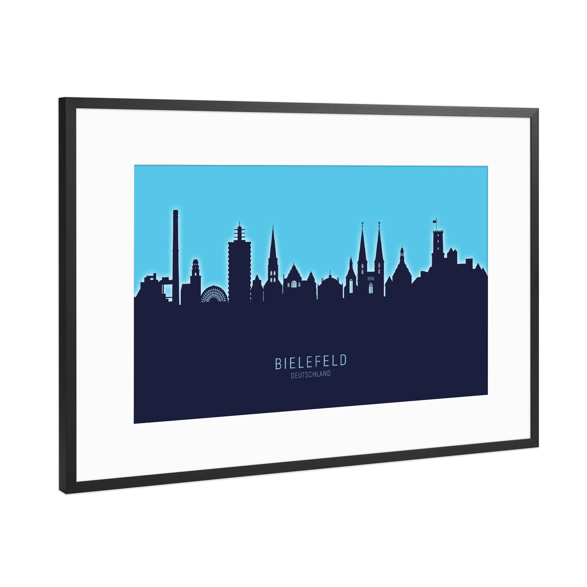 Poster mit Rahmen Schwarz (Metallic) "Bielefeld Skyline Glow Blue" artboxONE - Städte