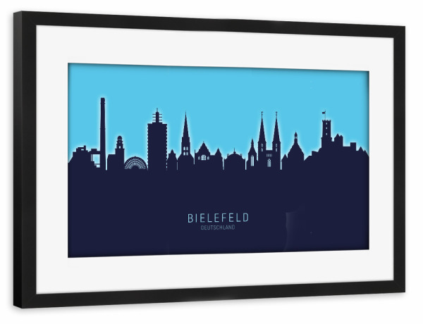 Poster mit Rahmen schwarz "Bielefeld Skyline Glow Blue" artboxONE - Städte