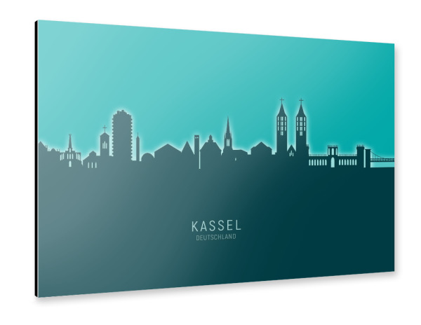 Alu-Dibond "Kassel Germany Skyline Glow Teal" 30x20 cm artboxONE